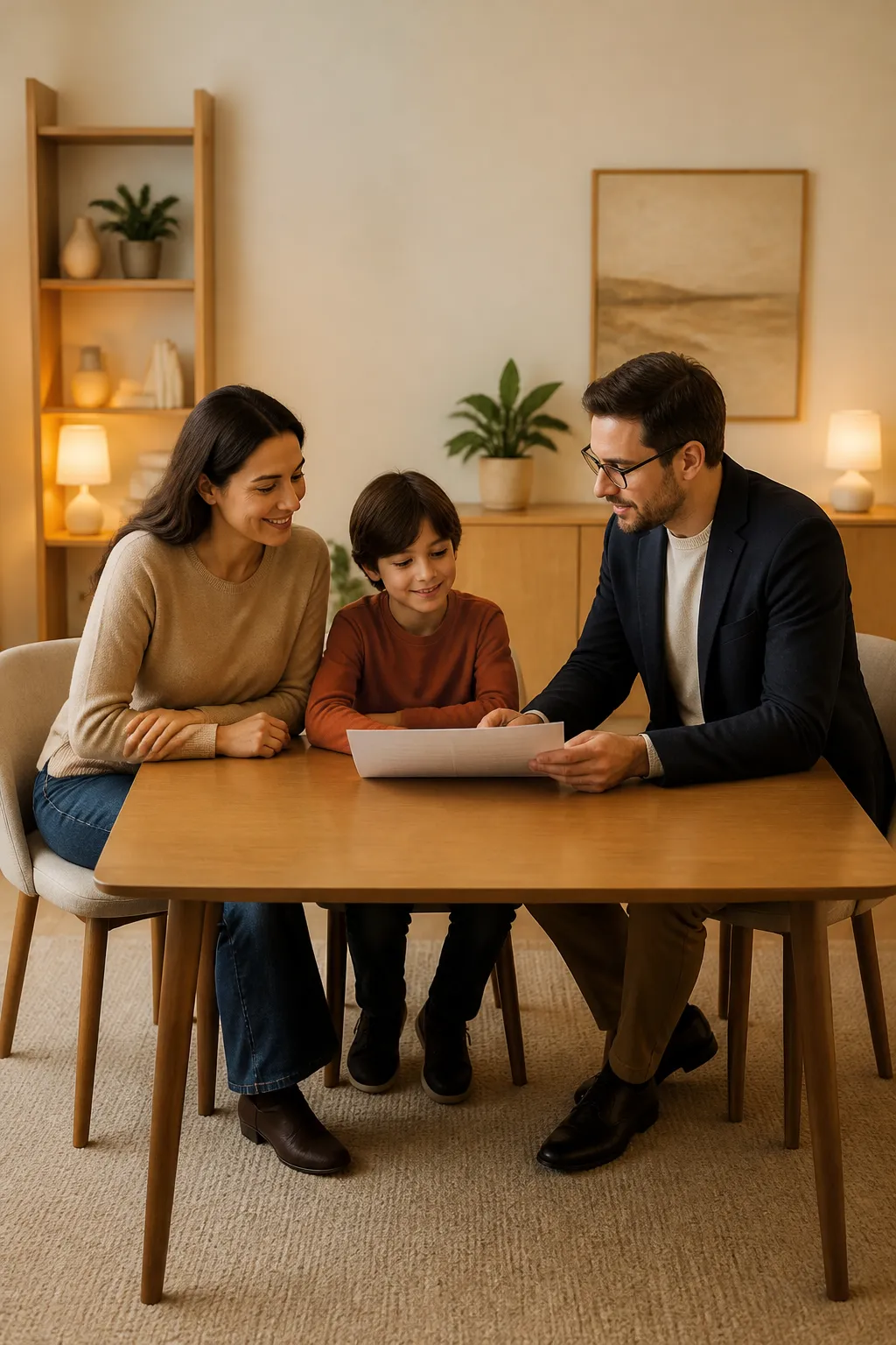 A family working with an Igniting Brain 2.0 counsellor to review their child's brain mapping report