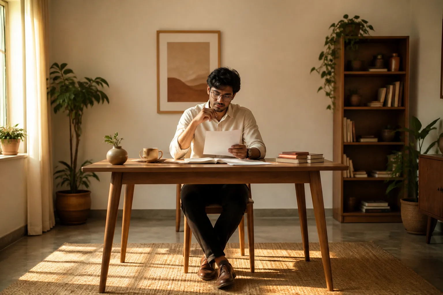Young professional reviewing career persona report at a sunlit desk